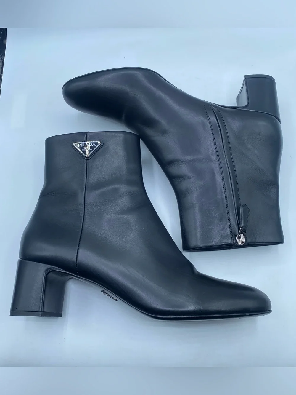 Prada Logo Block Heel Leather Ankle Boots